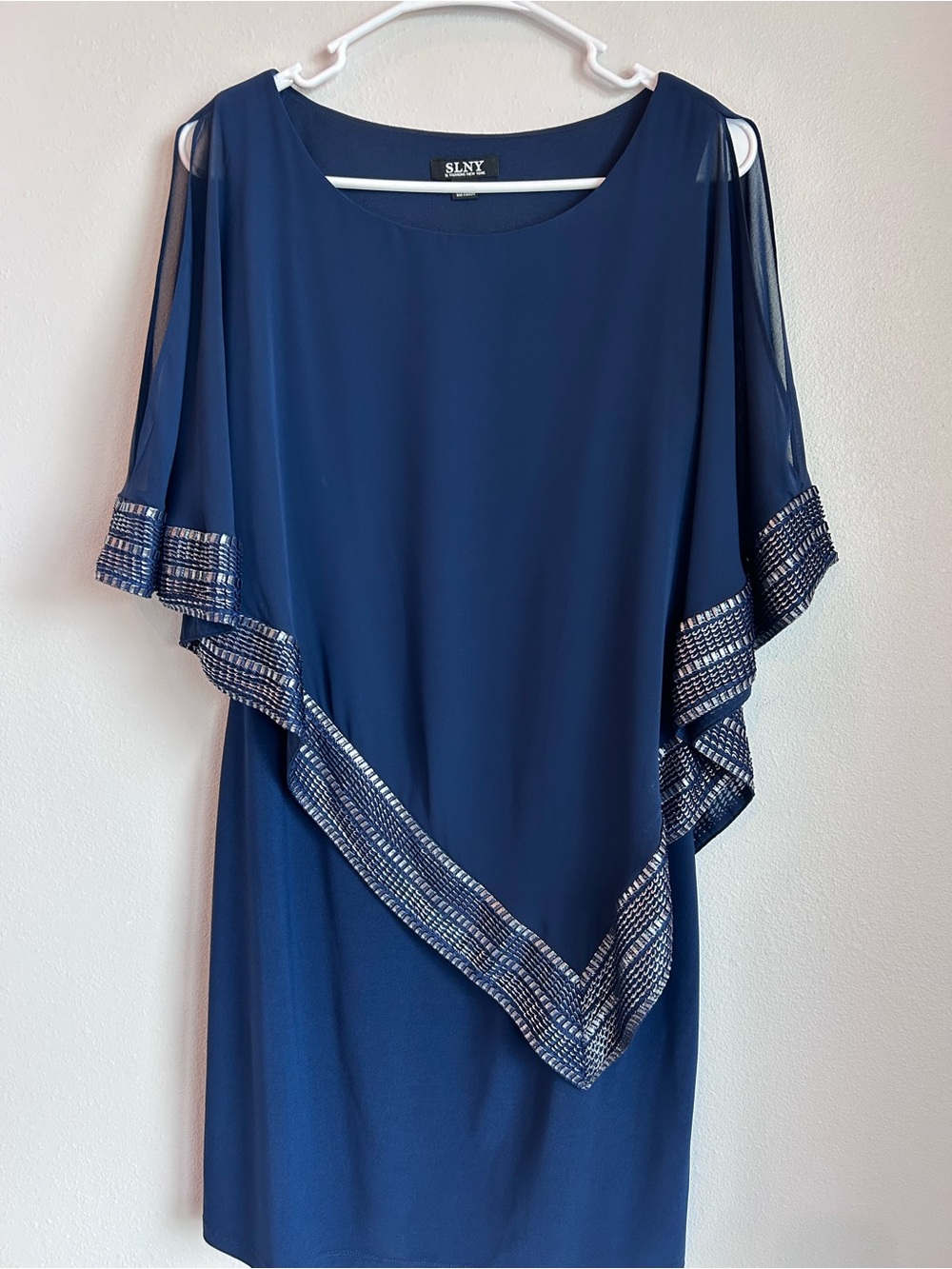 SLNY Navy Midi Dress with Embellished Poncho Overlay